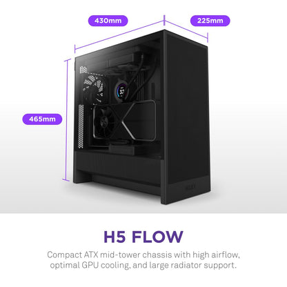 NZXT H5 Flow 2024 - Compact ATX Mid-Tower PC Gaming Case - High Airflow - 2 x 120mm Fans Included - 360mm Front & 240mm Top Radiator Support - Cable Management System - Tempered Glass - Black