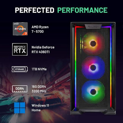 Skytech Nebula Gaming PC Desktop, Ryzen 7 5700 3.7 GHz (4.6GHz Turbo Boost), NVIDIA RTX 4060 Ti 8GB GDDR6X, 1TB SSD, 16GB DDR4 RAM 3200, 650W Gold PSU, Wi-Fi, Win 11 Home