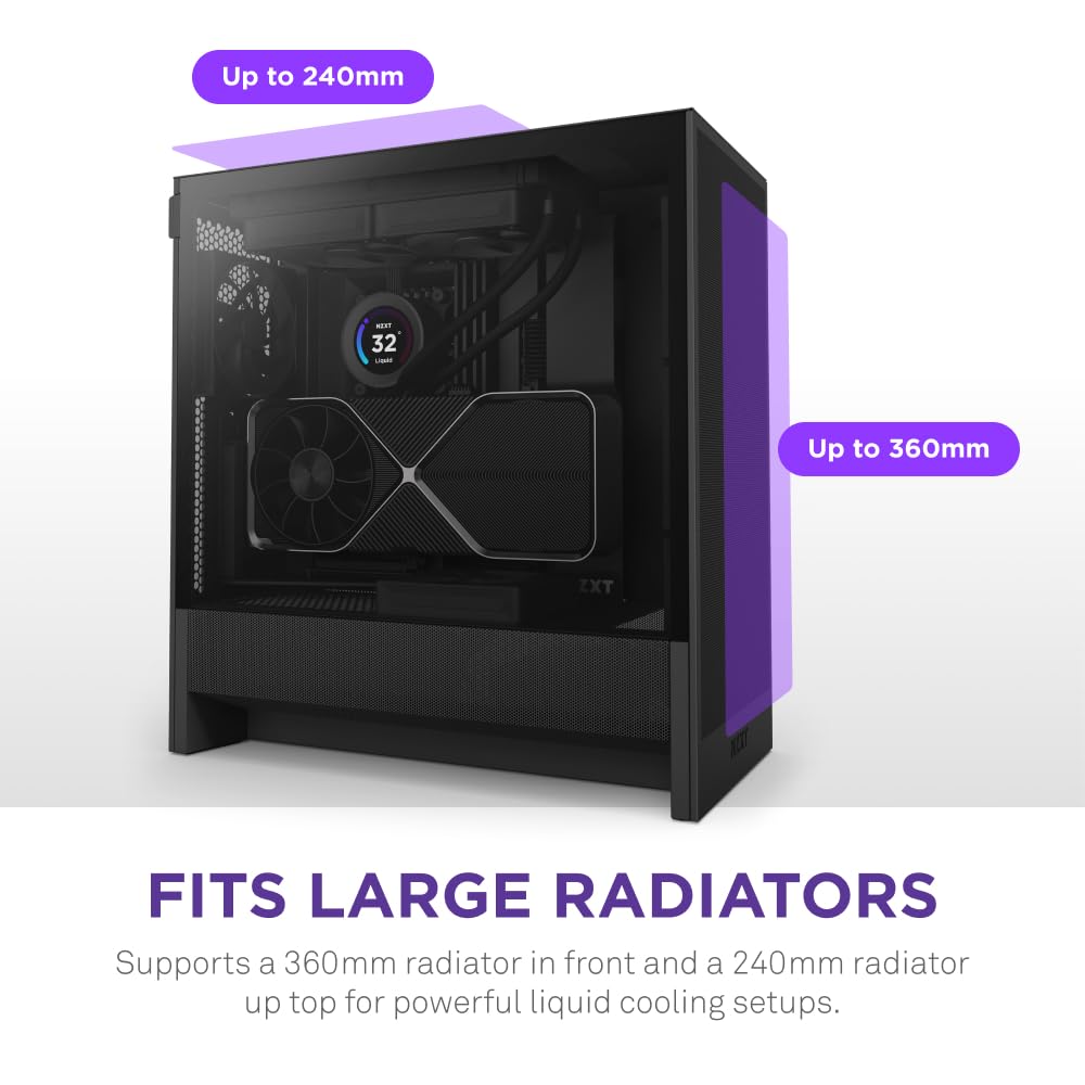 NZXT H5 Flow 2024 - Compact ATX Mid-Tower PC Gaming Case - High Airflow - 2 x 120mm Fans Included - 360mm Front & 240mm Top Radiator Support - Cable Management System - Tempered Glass - Black