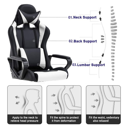 BestOffice High-Back Gaming Chair PC Office Chair Computer Racing Chair PU Desk Task Chair Ergonomic Executive Swivel Rolling Chair with Lumbar Support for Back Pain Women, Men,White