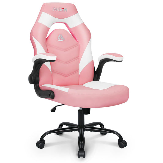 N-GEN Video Gaming Computer Chair Ergonomic Office Chair Desk Chair with Lumbar Support Flip Up Arms Adjustable Height Swivel PU Leather Executive with Wheels for Adults Women Men (Pink)