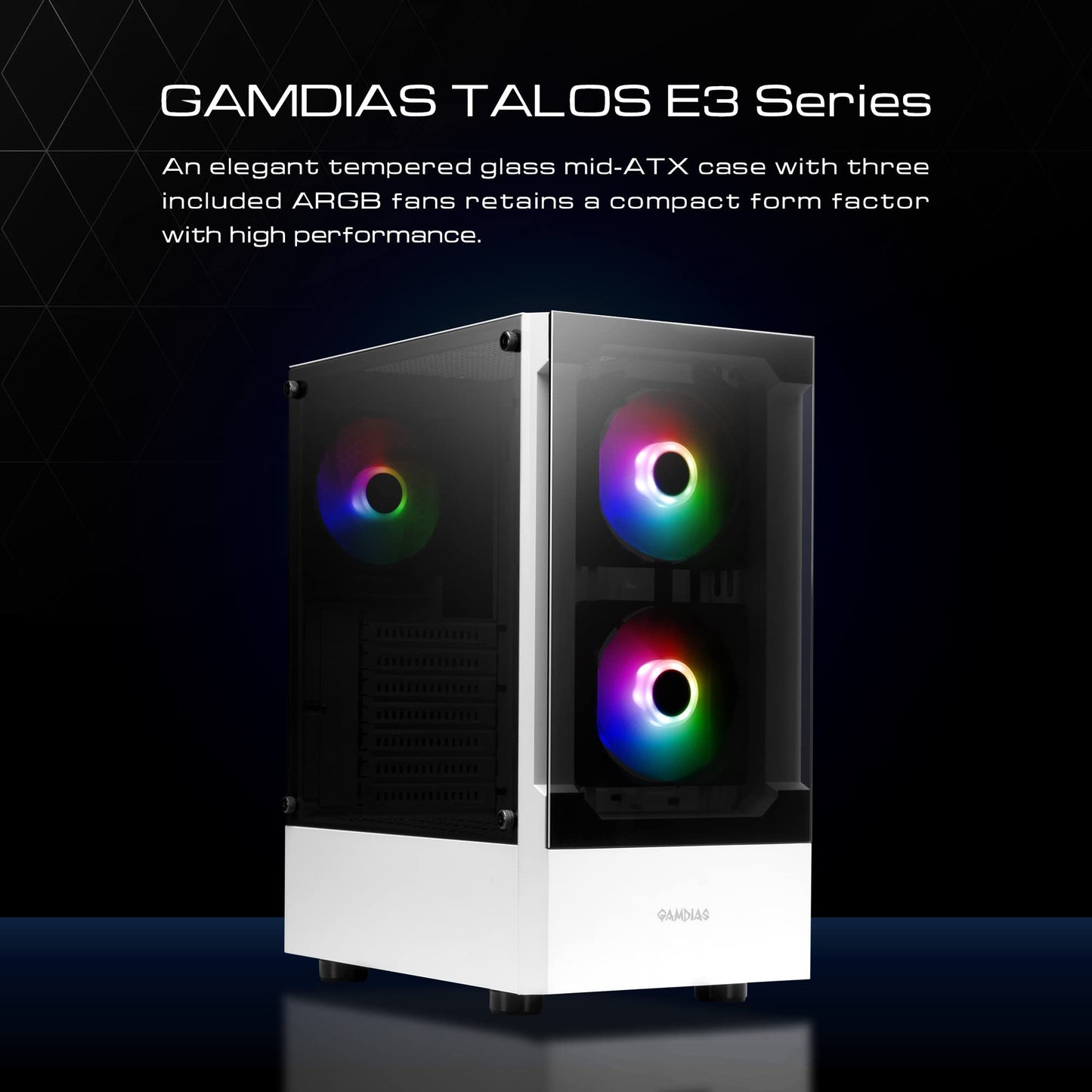 GAMDIAS White RGB Gaming ATX Mid Tower Computer PC Case with Side Tempered Glass Panel and a Magnetic Dust Filter & 3 Built-in 120mm ARGB Fans