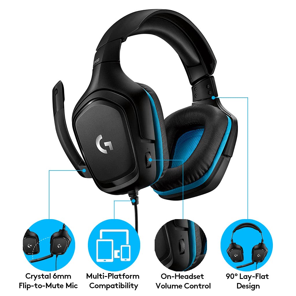 Logitech G432 Wired Gaming Headset, 7.1 Surround Sound, DTS Headphone:X 2.0, Flip-to-Mute Mic, PC (Leatherette) Black/Blue