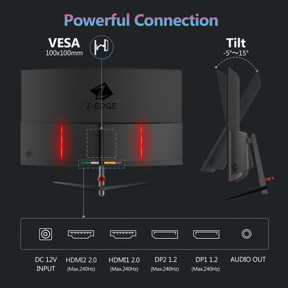 Z-Edge 27-inch Curved Gaming Monitor 16:9 1920x1080 240Hz 1ms Frameless LED Gaming Monitor, UG27P AMD Freesync Premium Display Port HDMI