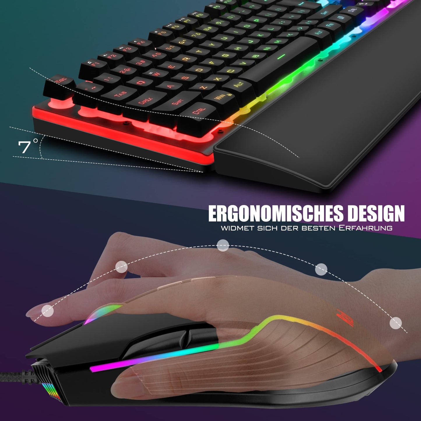 RedThunder K10 Wired Gaming Keyboard and Mouse and Wrist Rest Combo, RGB Backlit, Mechanical Feel Anti-ghosting Keyboard + 7D 7200 DPI Mice+Soft Leather Wrist Rest 3 in 1 PC Gamer Accessories(Black)