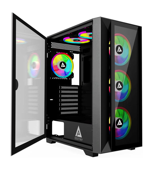 Apevia Destiny-PRO-BK Destiny Pro Mid Tower Gaming PC Case w/ 6X 120mm ARGB Fans, 366 RGB Light Modes, 1x Glass Front Panel, 1x Door Swivel Style Magnetic Glass Side Panel, 2X USB3.0, Black