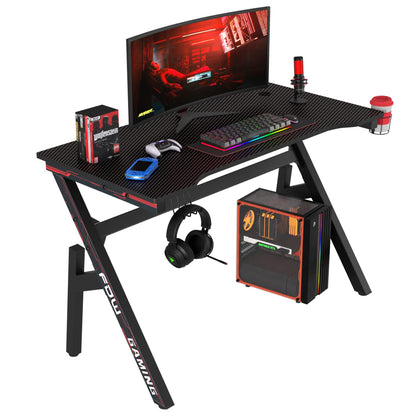 Gaming Desk Computer Desk 47 Inch Home Office Desk Extra Large Modern Ergonomic Black PC Carbon Fiber Table Gamer Workstation with Cup Holder Headphone Hook