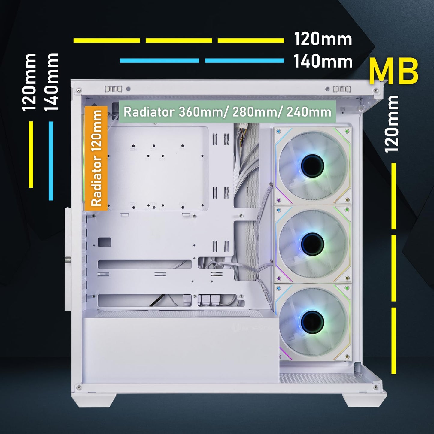 BITFENIX CETO High Airflow PC Gaming Case White-Panoramic Tempered Glass–Reverse Connection Motherboard Compatible–4xInfinity Mirroring ARGB Fans(3X Reverse)-360mm AIO/GPU 410mm Support