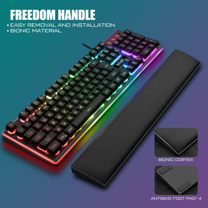 RedThunder K10 Wired Gaming Keyboard and Mouse and Wrist Rest Combo, RGB Backlit, Mechanical Feel Anti-ghosting Keyboard + 7D 7200 DPI Mice+Soft Leather Wrist Rest 3 in 1 PC Gamer Accessories(Black)