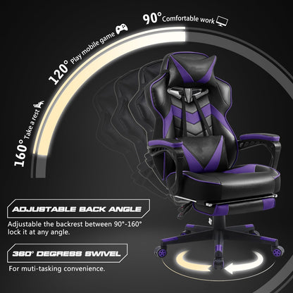 Purple Gaming Chair with Footrest,Big and Tall Gaming Chairs for Adults,Computer Chair for High Back and Massage,Reclining Gamer Chair(Purple/Black)