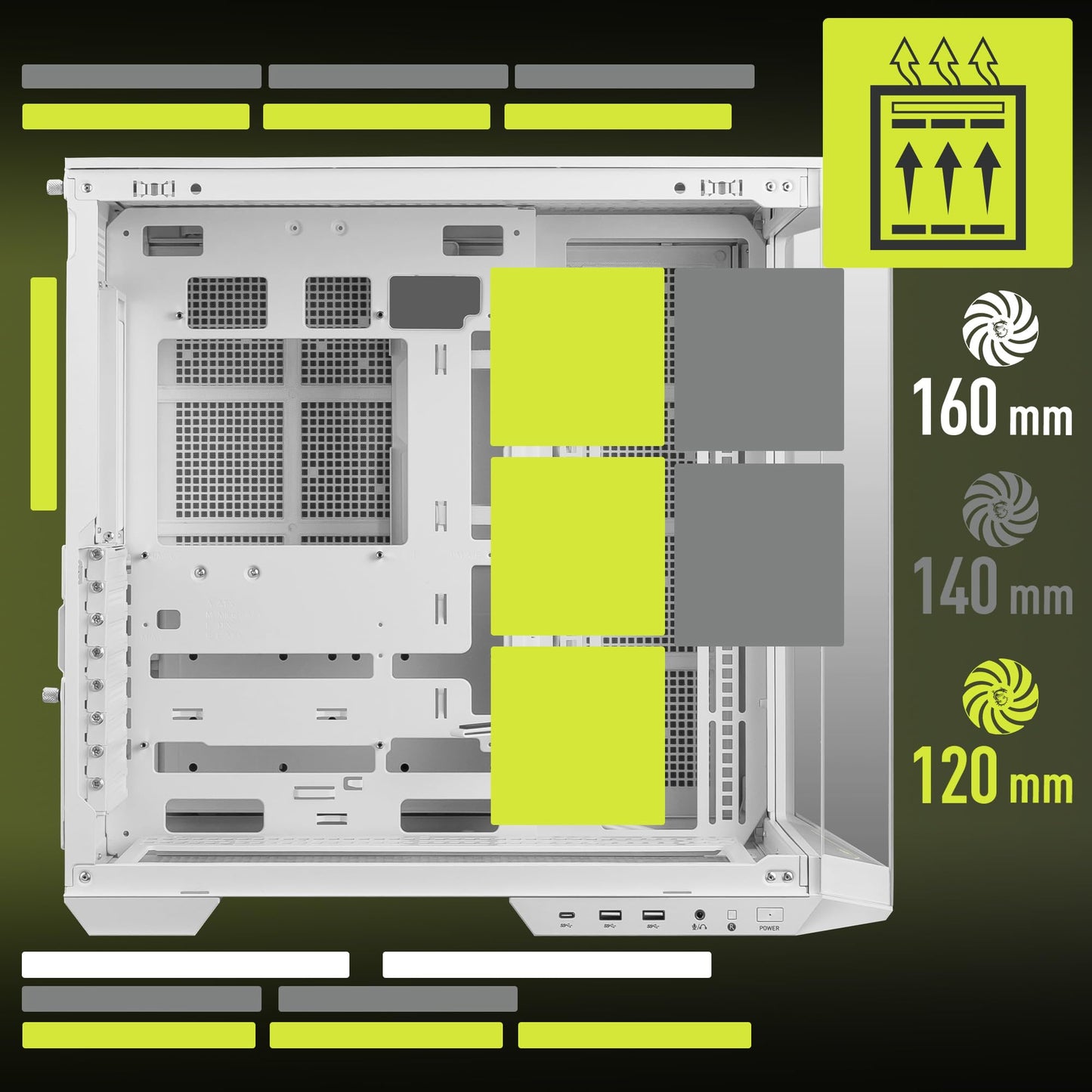 MSI MAG PANO 100L PZ White - Premium Mid-Tower Gaming PC Case - Tempered Glass Side Panel - Liquid Cooling Support up to 360mm Radiator - White Color Case