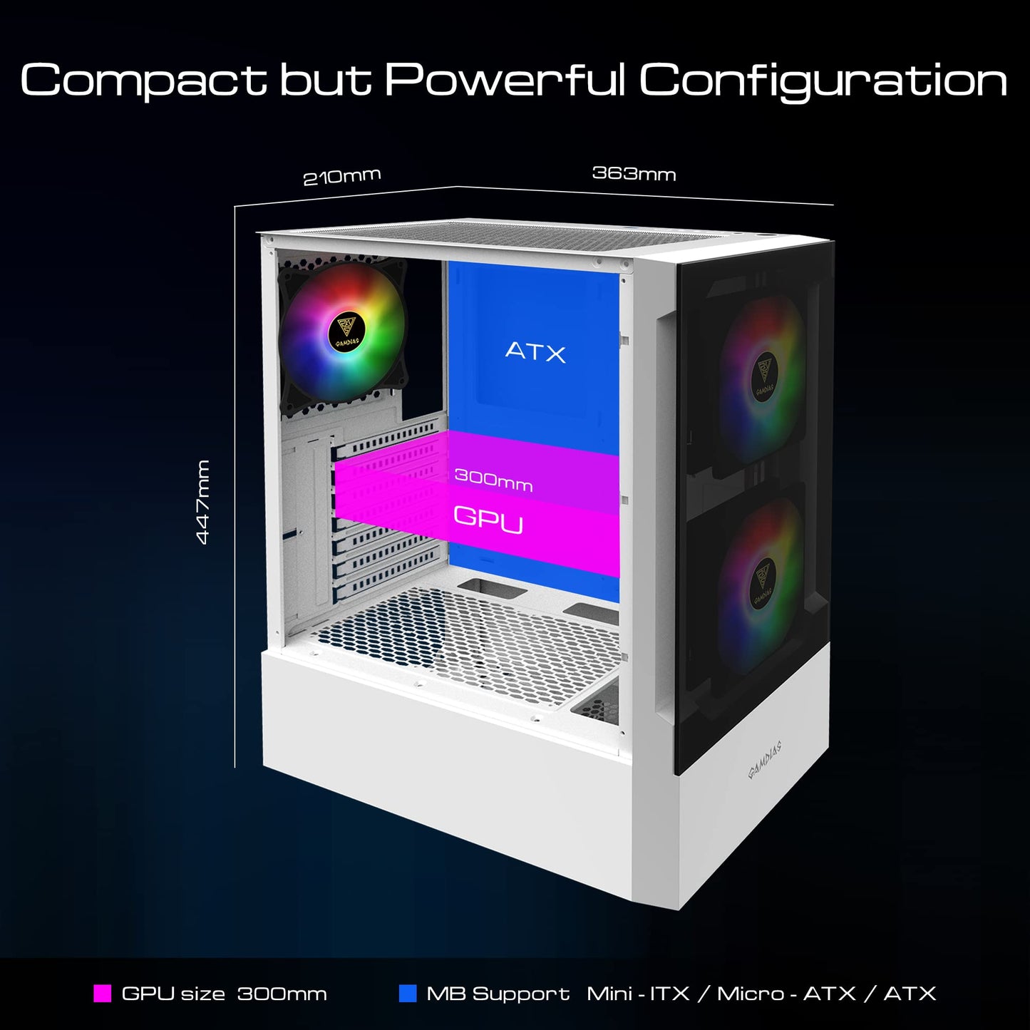 GAMDIAS White RGB Gaming ATX Mid Tower Computer PC Case with Side Tempered Glass Panel and a Magnetic Dust Filter & 3 Built-in 120mm ARGB Fans