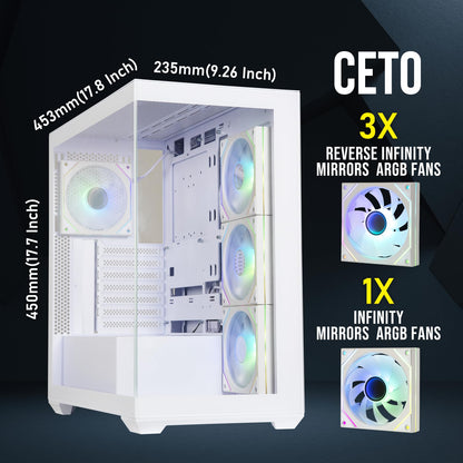 BITFENIX CETO High Airflow PC Gaming Case White-Panoramic Tempered Glass–Reverse Connection Motherboard Compatible–4xInfinity Mirroring ARGB Fans(3X Reverse)-360mm AIO/GPU 410mm Support