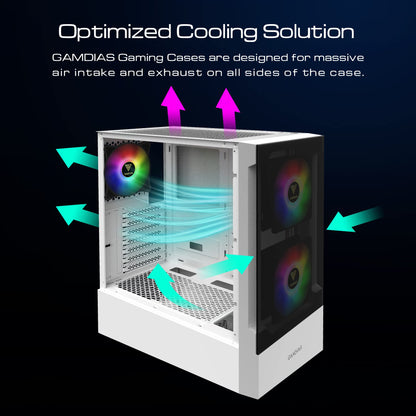 GAMDIAS White RGB Gaming ATX Mid Tower Computer PC Case with Side Tempered Glass Panel and a Magnetic Dust Filter & 3 Built-in 120mm ARGB Fans