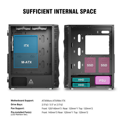 Montech X3 Mesh, 6 Fans - 3x 140mm & 3x 120mm Fixed RGB Lighting Fans, ATX Mid-Tower PC Gaming Case, USB3.0, Door Open Tempered Glass Side Panel, High Airflow, Black