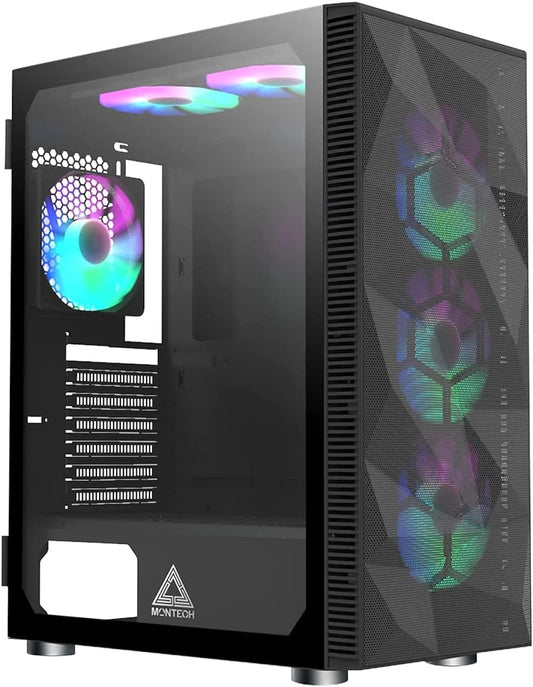 Montech X3 Mesh, 6 Fans - 3x 140mm & 3x 120mm Fixed RGB Lighting Fans, ATX Mid-Tower PC Gaming Case, USB3.0, Door Open Tempered Glass Side Panel, High Airflow, Black