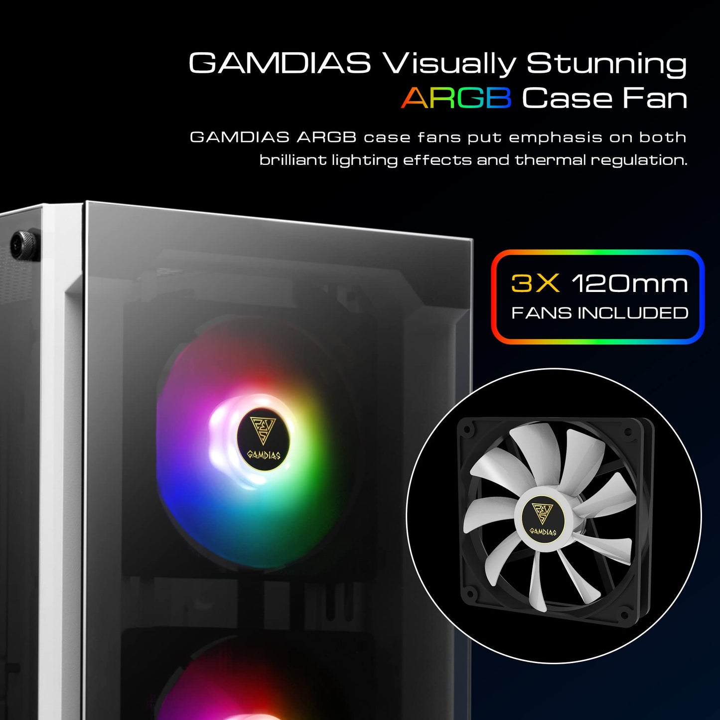 GAMDIAS White RGB Gaming ATX Mid Tower Computer PC Case with Side Tempered Glass Panel and a Magnetic Dust Filter & 3 Built-in 120mm ARGB Fans