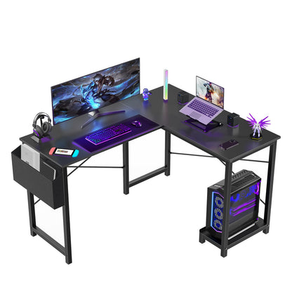 Sweetcrispy L Shaped Computer Desk - Gaming Table Corner Desk 50 Inch PC Writing Black Desk Study Desks with Wooden Desktop CPU Stand Side Bag Reversible for Home Office Dorm Small Space