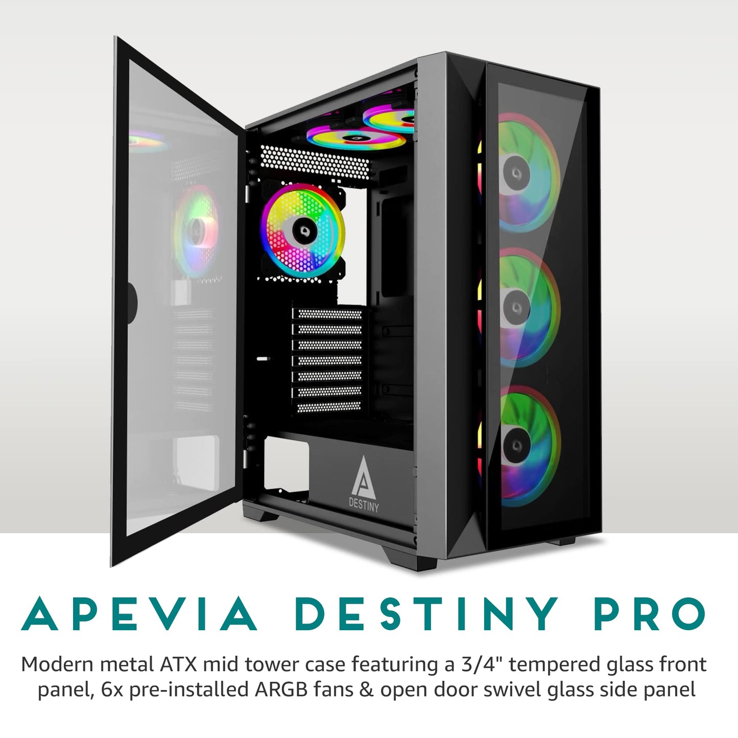 Apevia Destiny-PRO-BK Destiny Pro Mid Tower Gaming PC Case w/ 6X 120mm ARGB Fans, 366 RGB Light Modes, 1x Glass Front Panel, 1x Door Swivel Style Magnetic Glass Side Panel, 2X USB3.0, Black