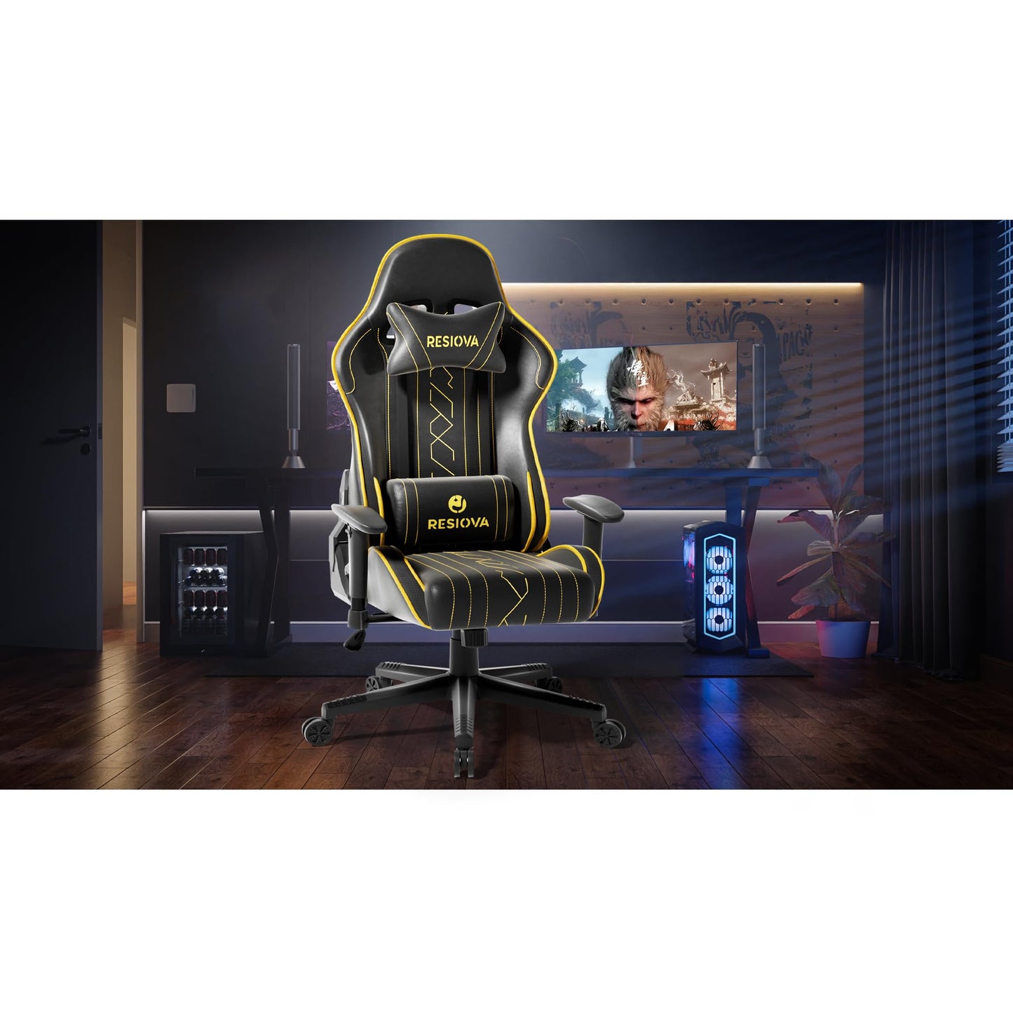 resiova Gaming Chair Racing Style High-Back PU Leather Office Chair with Faux Carbon Fiber Trim Computer Desk Chair Executive Ergonomic Swivel Chair Headrest Lumbar Support(Cyberpunk Yellow)