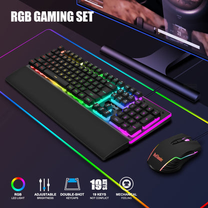 RedThunder K10 Wired Gaming Keyboard and Mouse and Wrist Rest Combo, RGB Backlit, Mechanical Feel Anti-ghosting Keyboard + 7D 7200 DPI Mice+Soft Leather Wrist Rest 3 in 1 PC Gamer Accessories(Black)