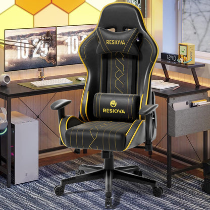 resiova Gaming Chair Racing Style High-Back PU Leather Office Chair with Faux Carbon Fiber Trim Computer Desk Chair Executive Ergonomic Swivel Chair Headrest Lumbar Support(Cyberpunk Yellow)