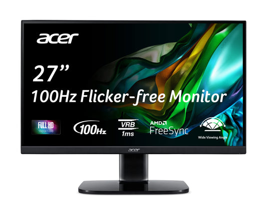 Acer KB272 EBI 27" IPS Full HD (1920 x 1080) Zero-Frame Gaming Office Monitor | AMD FreeSync Technology | Up to 100Hz Refresh | 1ms (VRB) | Low Blue Light | Tilt | HDMI & VGA Ports,Black