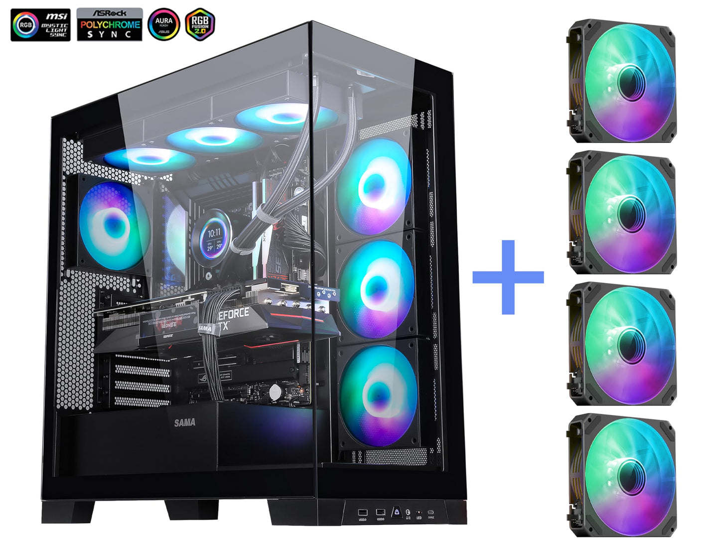 SAMA NEVIEW 4503 Black Airflow Full Tower Case ATX PC Gaming Case Dual Tempered Glass 4X12CM ARGB Fan Pre-Install USB3.0X2 Type C Included 360mm AIO Support at Top