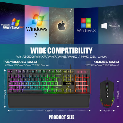 RedThunder K10 Wired Gaming Keyboard and Mouse and Wrist Rest Combo, RGB Backlit, Mechanical Feel Anti-ghosting Keyboard + 7D 7200 DPI Mice+Soft Leather Wrist Rest 3 in 1 PC Gamer Accessories(Black)