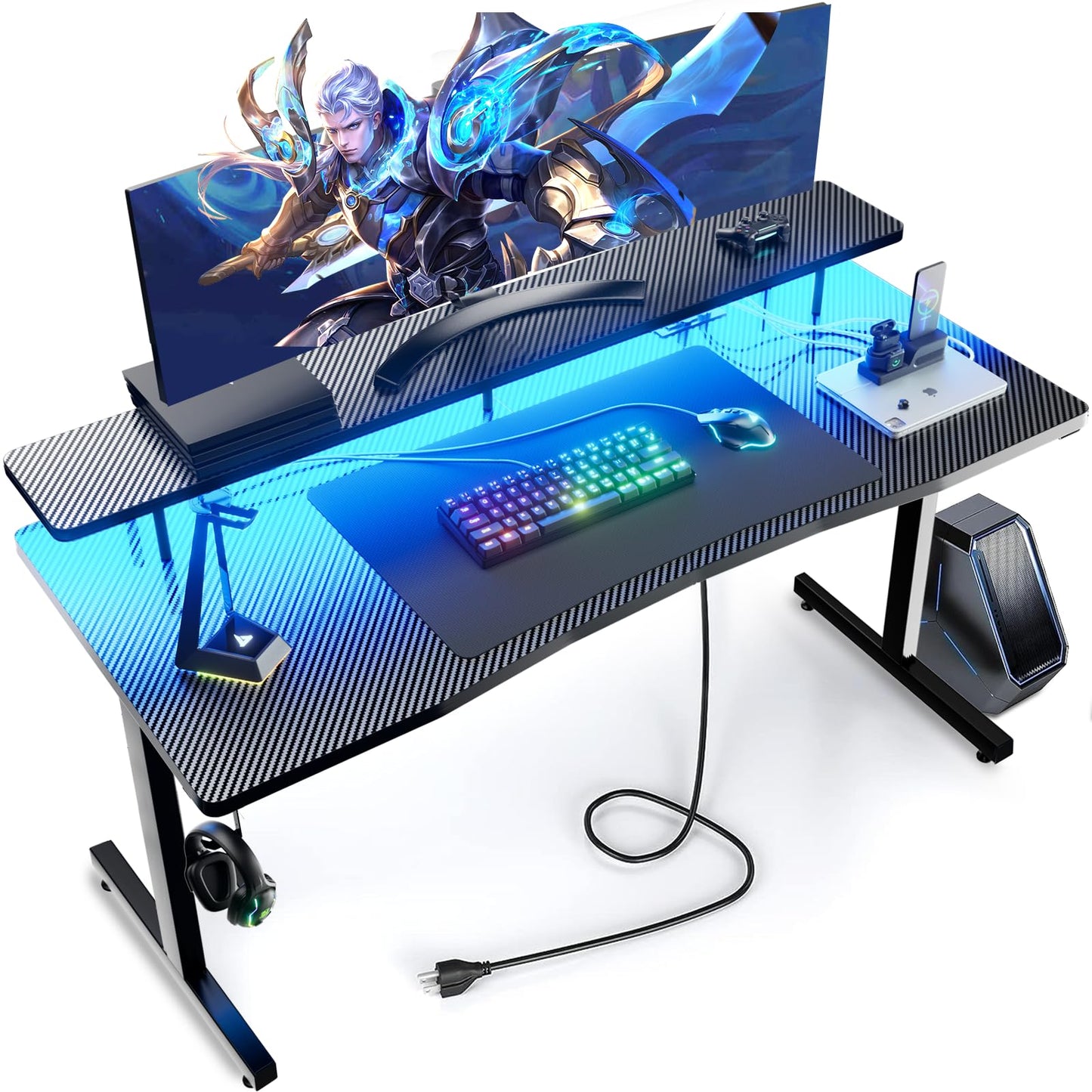 GTRACING 55 Inch Gaming Desk, Computer Gamer Desk with Monitor Stand, Ergonomic Carbon Fiber Surface Gaming Table with Power Outlet and Mouse Pad for Home Office, RGB