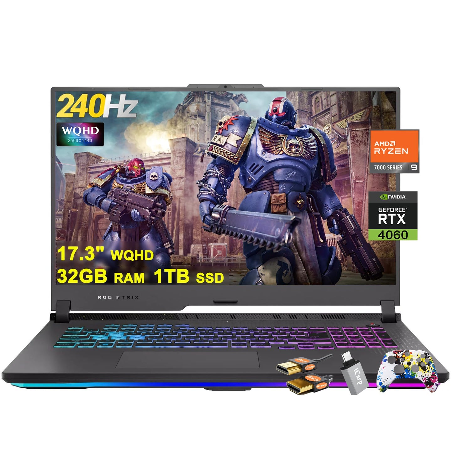 ASUS ROG Strix G17 G713 Gaming Laptop 17.3" WQHD IPS 240Hz AMD 12-Core Ryzen 9 7845HX (>i9-12900H) 32GB RAM 1TB SSD GeForce RTX 4060 8GB USB-C RGB Backlit Fast Charging Win11 w/ICP Accessory